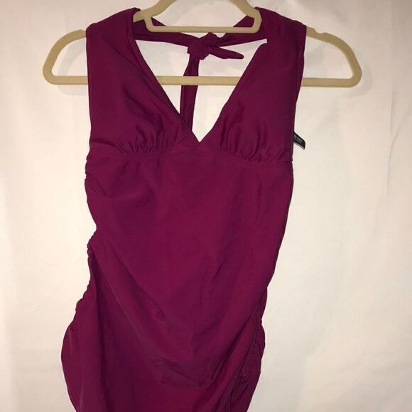 Kenneth Cole Reaction Women's Halter Pull String Cinched Side Maroon Tankini L - Picture 1 of 7